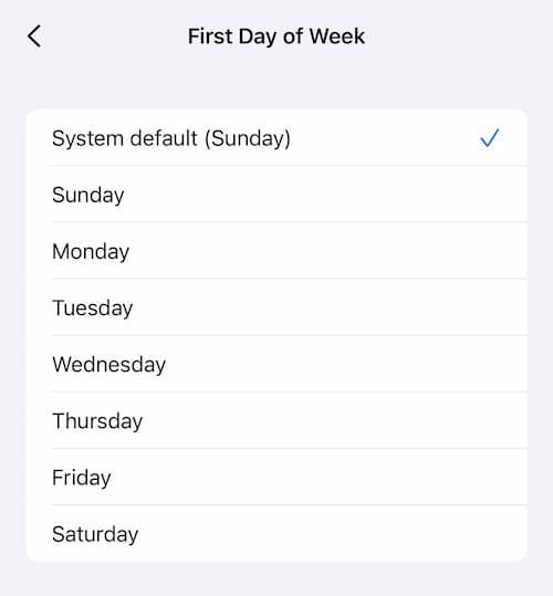 Lyfta first day of week setting